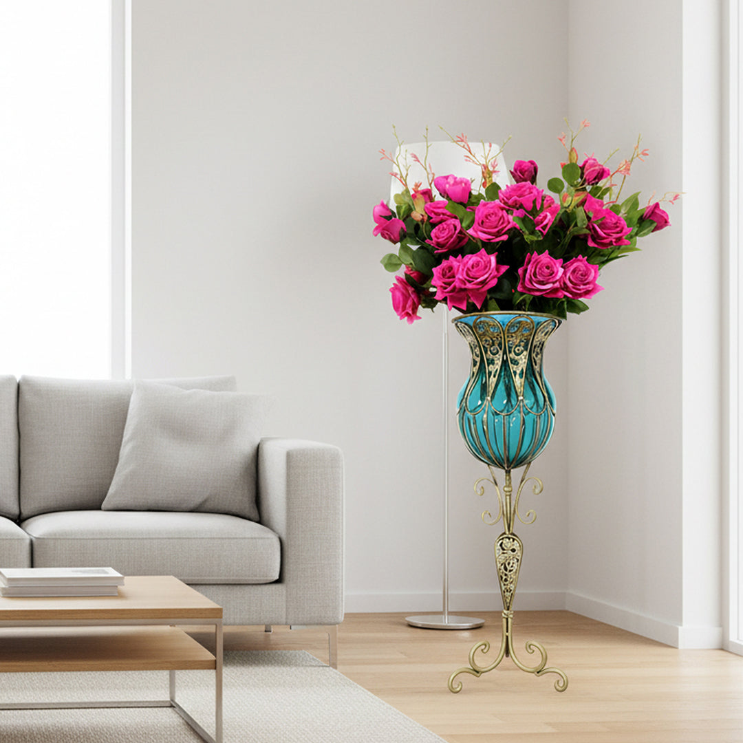 SOGA 85cm Blue Glass Tall Floor Vase and 12pcs Dark Pink Artificial Fake Flower Set