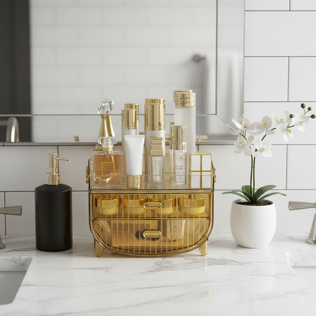 SOGA 2X 3 Tier Golden Yellow Multifunctional Countertop Cosmetic Storage Makeup Skincare Holder Jewelry Cabinet Bathroom Desk Drawer Vanity Organiser