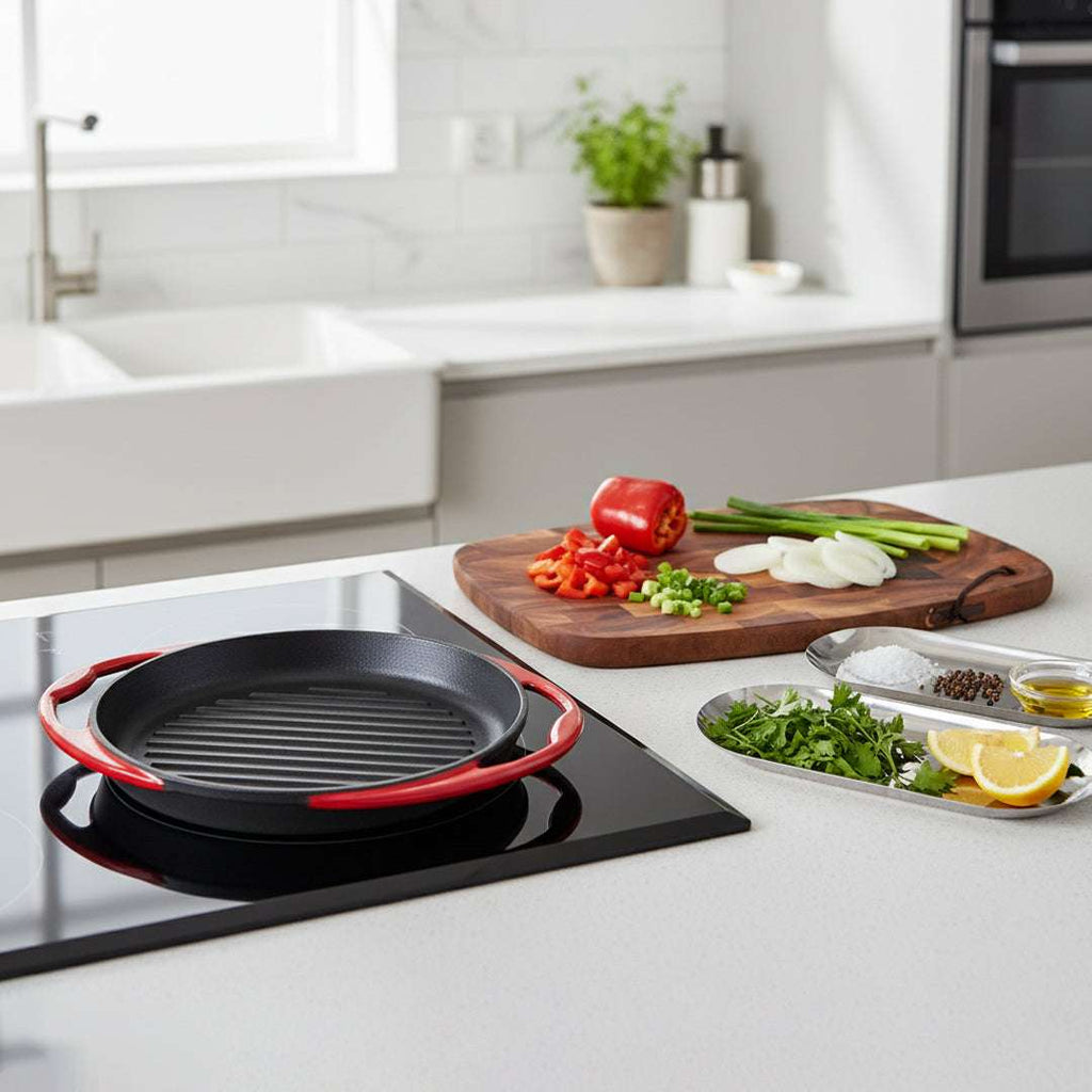 SOGA Kitchenware Bundle – Acacia Cutting Board, Cast Iron Skillet & Silver Nordic Plate Set $ 179