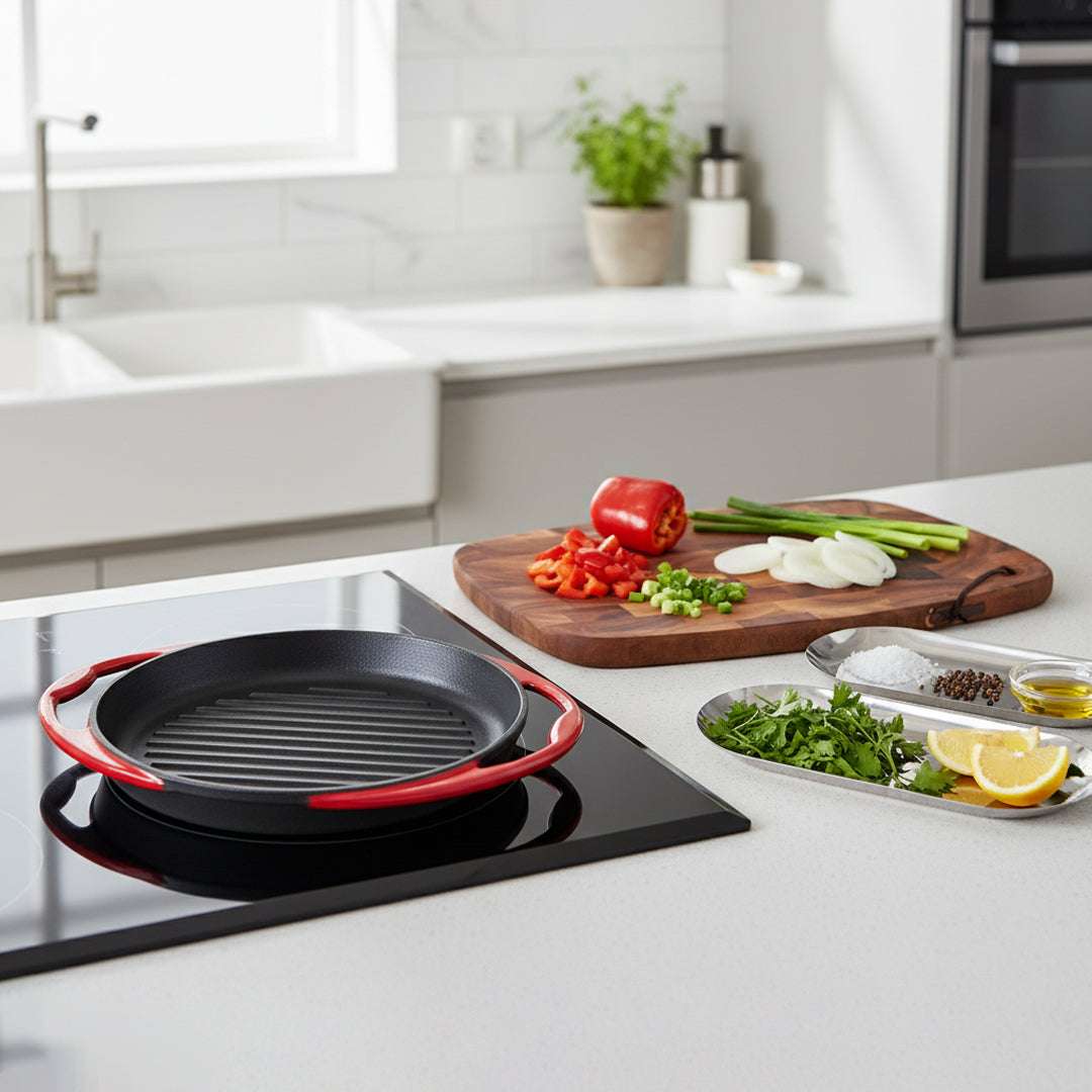 SOGA Kitchenware Bundle – Acacia Cutting Board, Cast Iron Skillet & Silver Nordic Plate Set $ 179