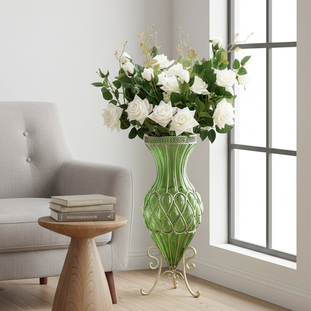 SOGA 67cm Green Glass Tall Floor Vase and 12pcs White Artificial Fake Flower Set