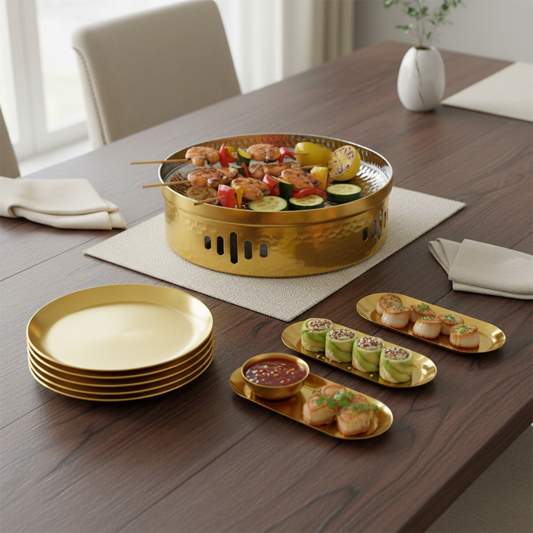 SOGA Kitchenware Bundle – Gold Nordic Plate Set, 26cm Grilling Plate & 28cm DryPot $ 181