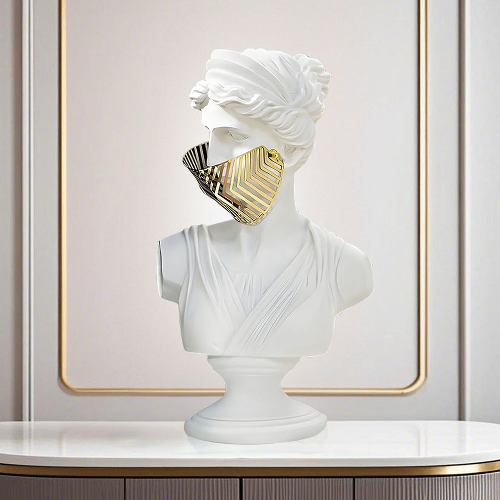 SOGA 40cm White Resin Bust – Gold Striped Mask Sculpture