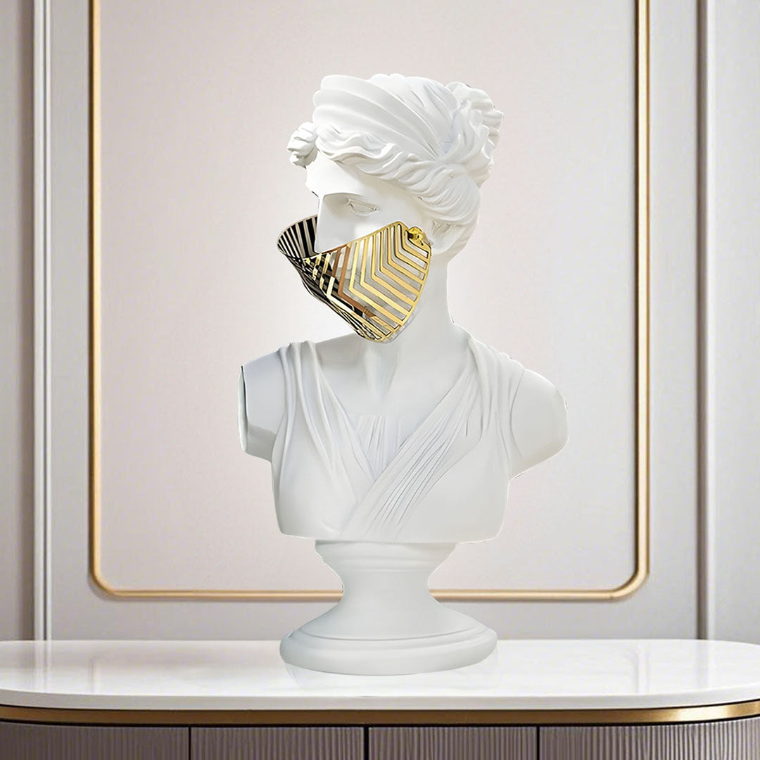 SOGA 40cm White Resin Bust – Gold Striped Mask Sculpture