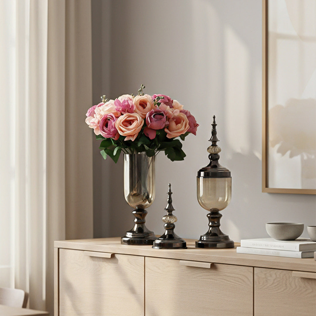 SOGA 2 x Clear Glass Flower Vase with Lid and Pink Flower Filler Vase Black Set