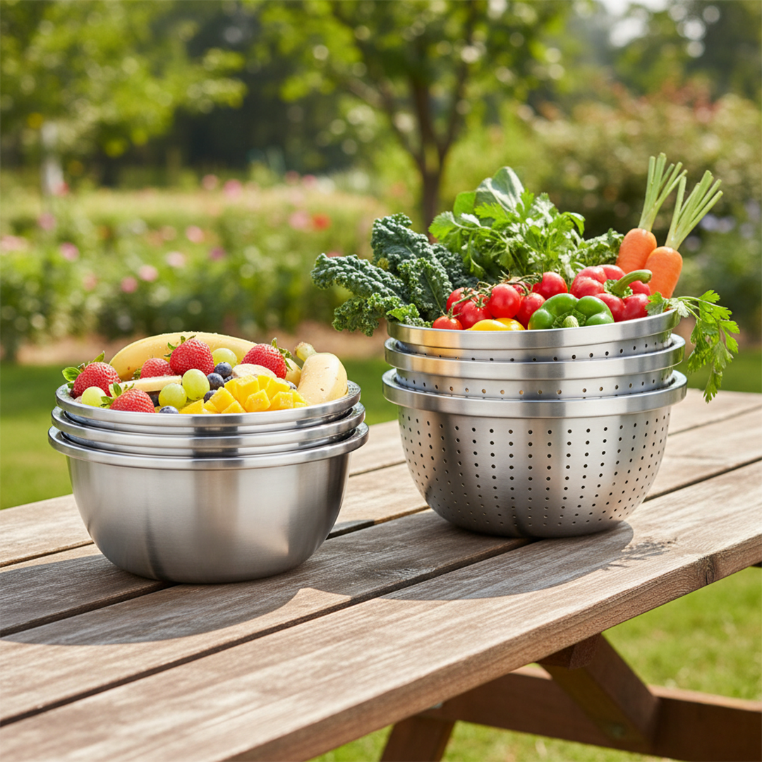 SOGA Kitchenware Bundle – Stainless Steel Nesting Colanders & Deep Stackable Mixing Bowls Set $ 114