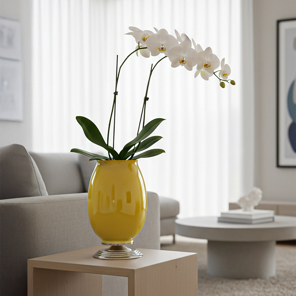 SOGA 2x 40cm Ceramic Oval Flower Vase with Gold Metal Base Yellow