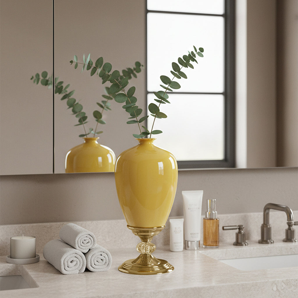SOGA 2x 42cm Ceramic Oval Flower Vase with Gold Metal Base Yellow