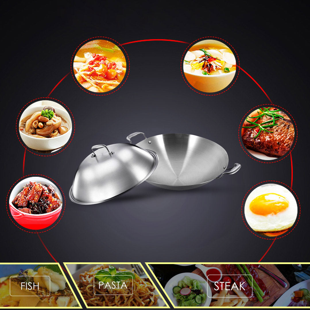 SOGA 2X 3-Ply 38cm Stainless Steel Double Handle Wok Frying Fry Pan Skillet with Lid