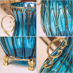SOGA 51cm Green Glass Oval Floor Vase with Metal Flower Stand
