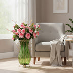 SOGA 51cm Green Glass Tall Floor Vase with 12pcs Pink Artificial Fake Flower Set