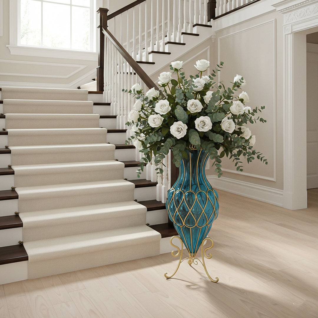 SOGA 65 cm Blue Glass Tall Floor Vase with Metal Flower Stand – Elegant Statement Piece for Modern Homes