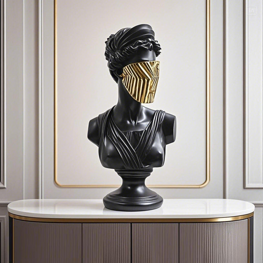SOGA 40cm Black Resin Bust – Gold Striped Mask Home Sculpture