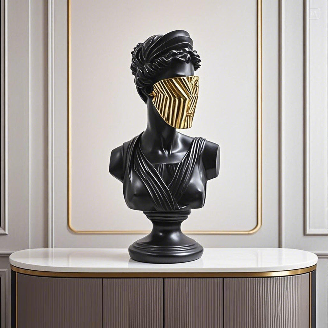 SOGA 40cm Black Resin Bust – Gold Striped Mask Home Sculpture