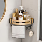 SOGA Gold Wall-Mounted Triangular Bathroom Storage Corner Vanity Organiser Space Saving Adhesive Shelf Rack with Hooks