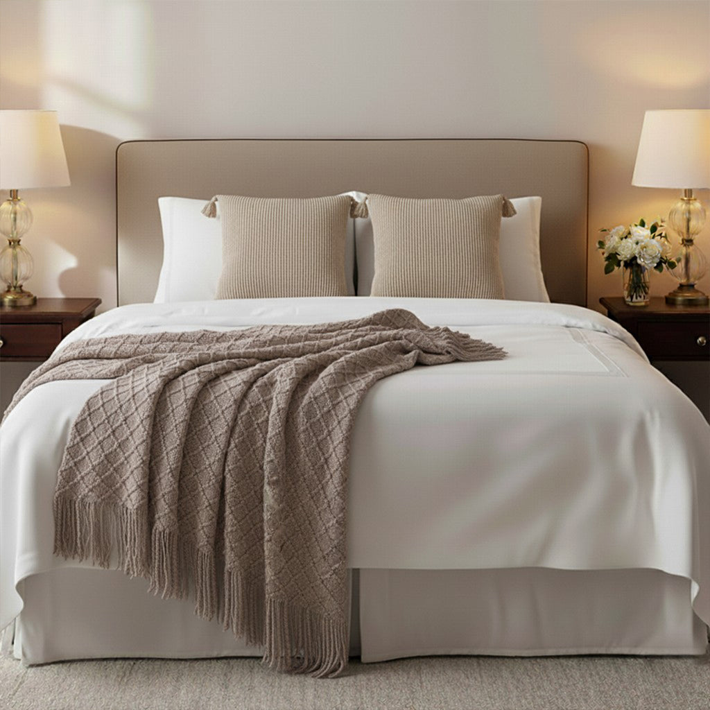 SOGA Home & Living Bundle – 2 Khaki Wabi-Sabi Tassel Pillows & Coffee Knitted Blanket