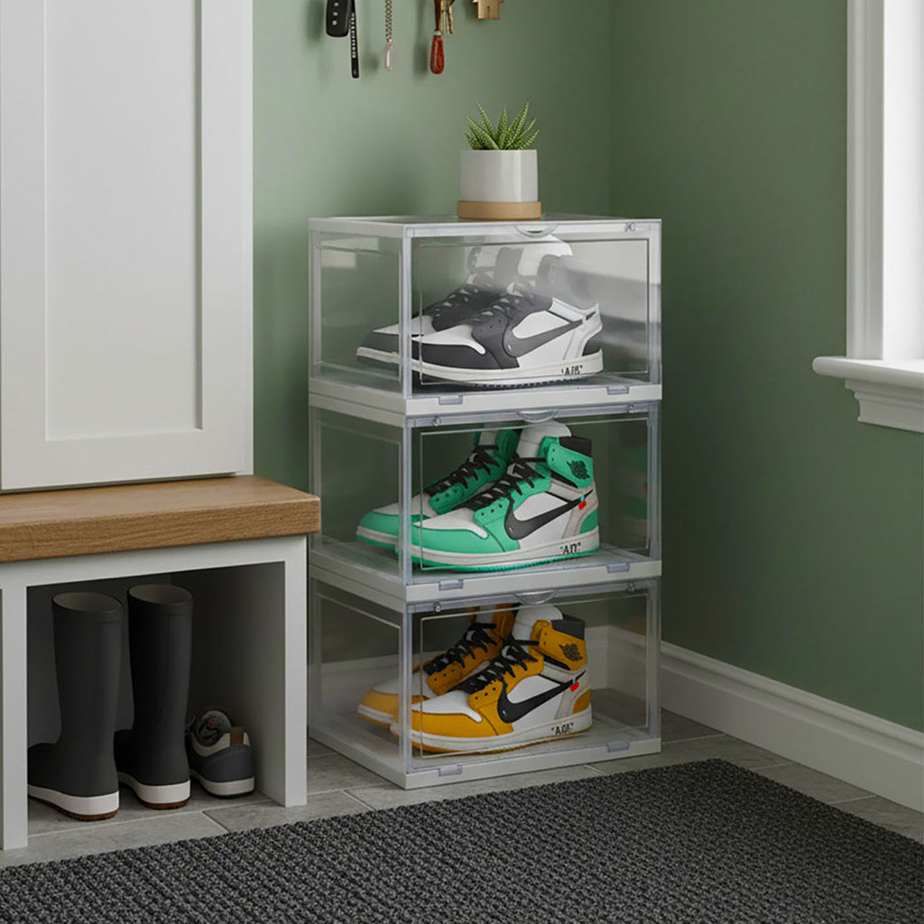 SOGA  2X 3 Tier Transparent Portable Shoe Organiser Sneaker Footwear Folding Plastic Bin Stackable Storage Box with Magnetic Door