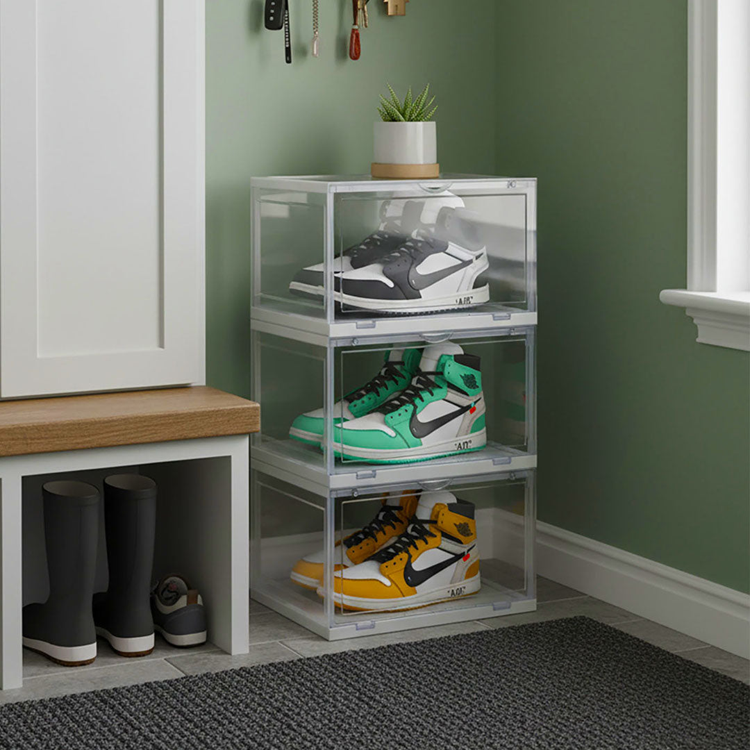 SOGA  2X 3 Tier Transparent Portable Shoe Organiser Sneaker Footwear Folding Plastic Bin Stackable Storage Box with Magnetic Door