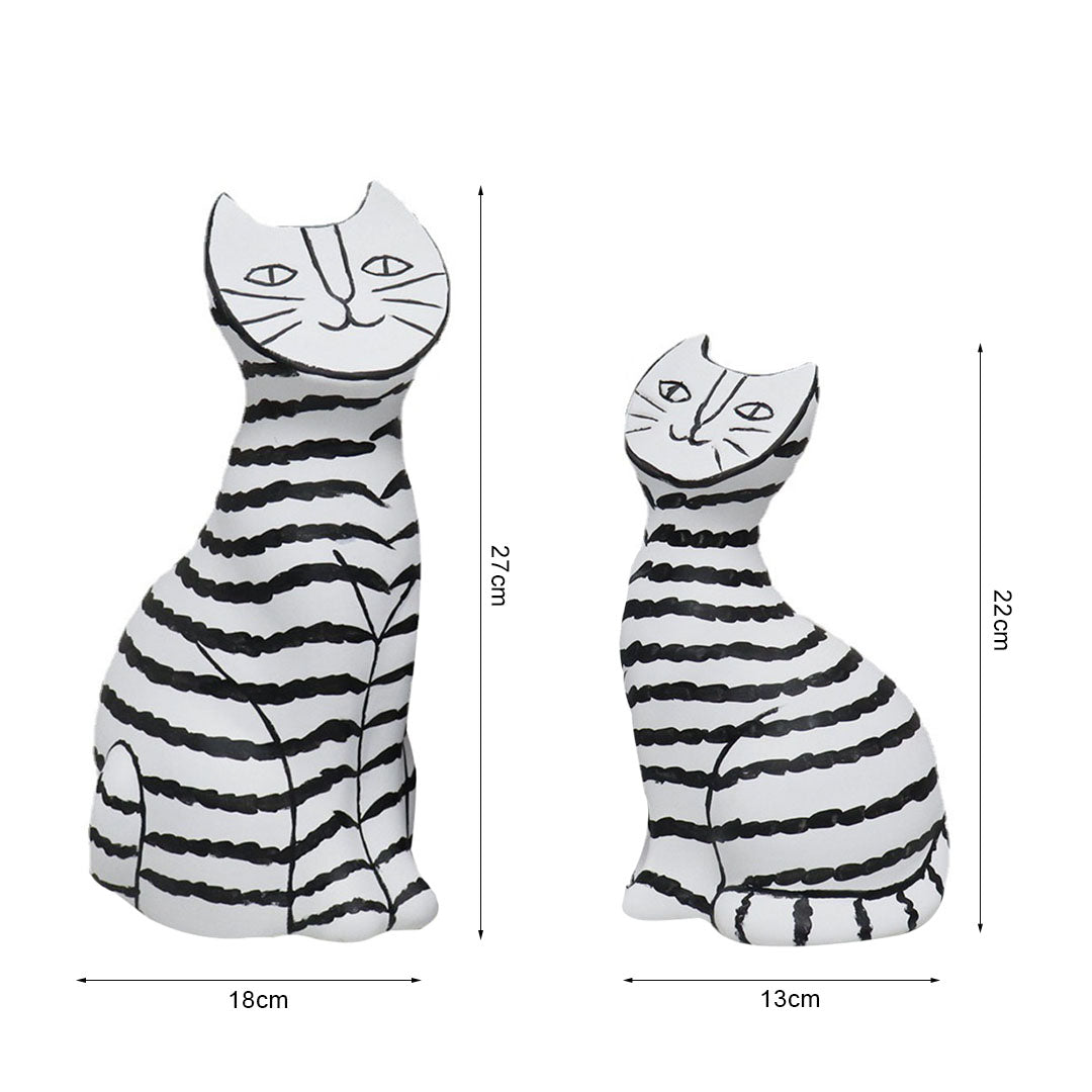 SOGA 22cm and 27cm Black & White Striped Cat Resin Sculptures