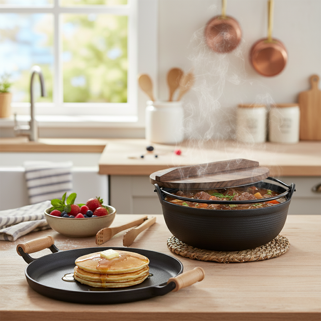 SOGA Kitchenware Bundle – Cast Iron Sukiyaki Hot Pot & Frying Pan Skillet with Wooden Handle