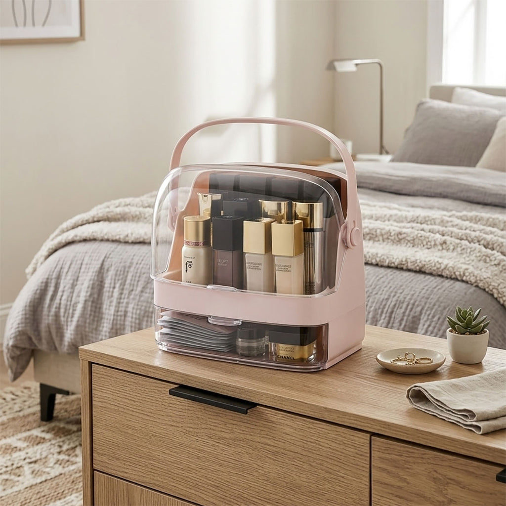 SOGA 2 Tier Pink Countertop Makeup Cosmetic Storage Organiser Skincare Holder Jewelry Storage Box with Handle