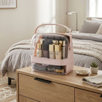 SOGA 2 Tier Pink Countertop Makeup Cosmetic Storage Organiser Skincare Holder Jewelry Storage Box with Handle