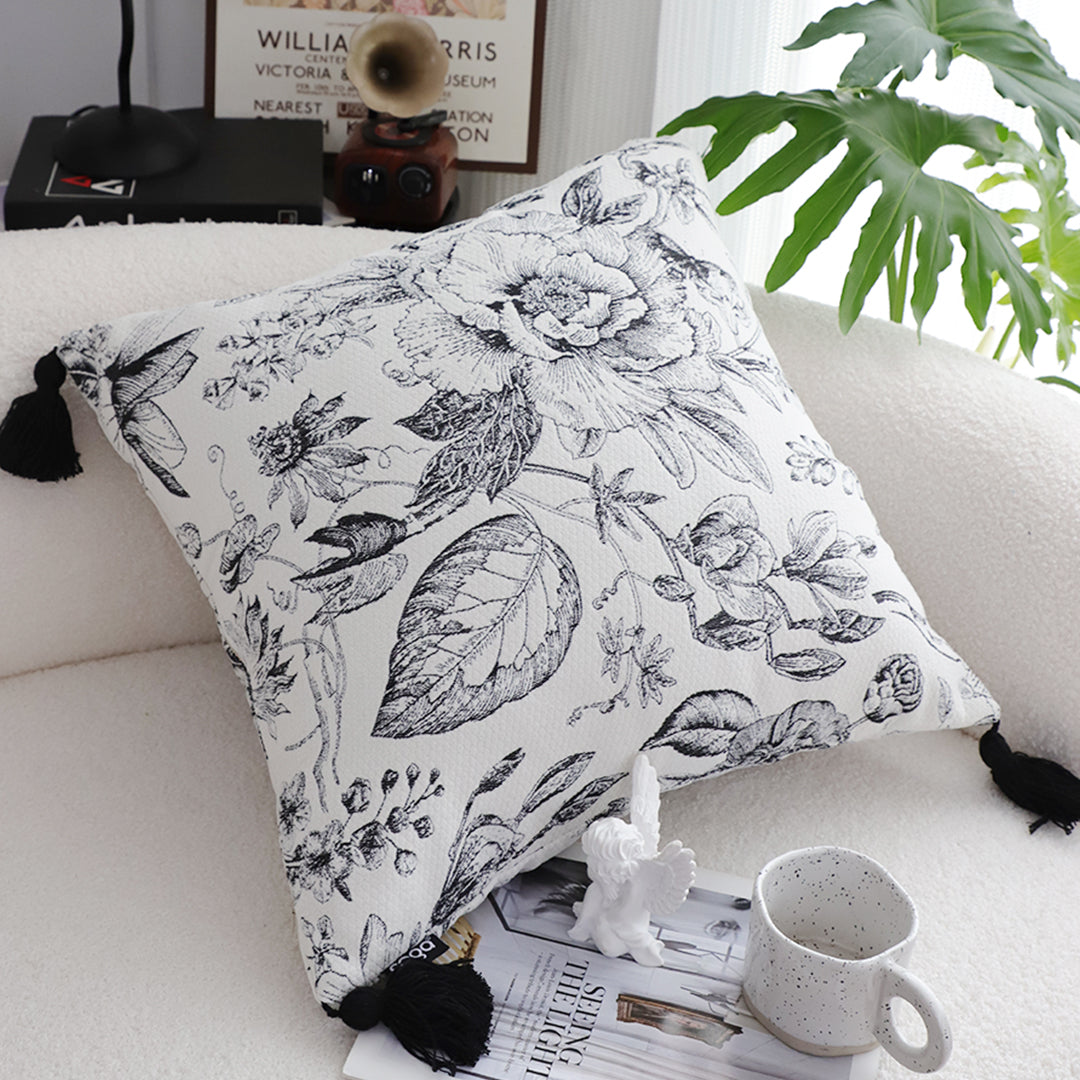 SOGA 2X 50cm Throw Pillow  Black and White Elegant Floral Print with Tassel Accents Home Decor