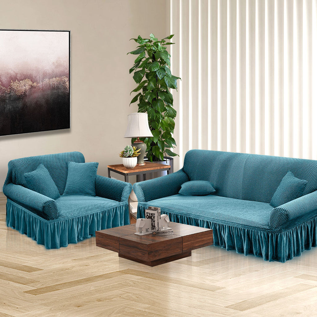 SOGA 2-Seater Blue Sofa Cover with Ruffled Skirt Couch Protector High Stretch Lounge Slipcover Home Decor