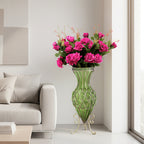SOGA 67cm Green Glass Tall Floor Vase and 12pcs Dark Pink Artificial Fake Flower Set