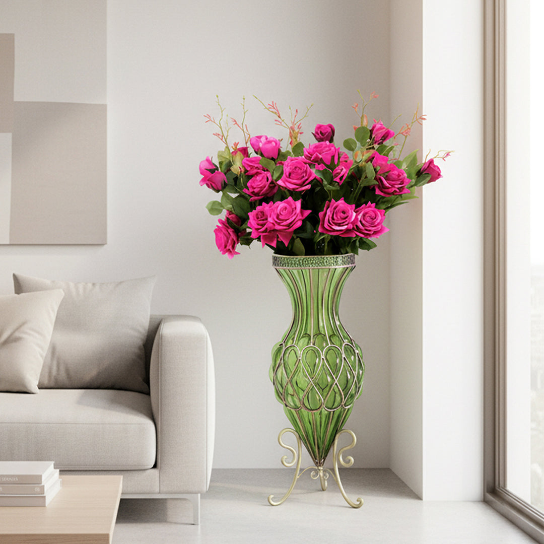 SOGA 67cm Green Glass Tall Floor Vase and 12pcs Dark Pink Artificial Fake Flower Set
