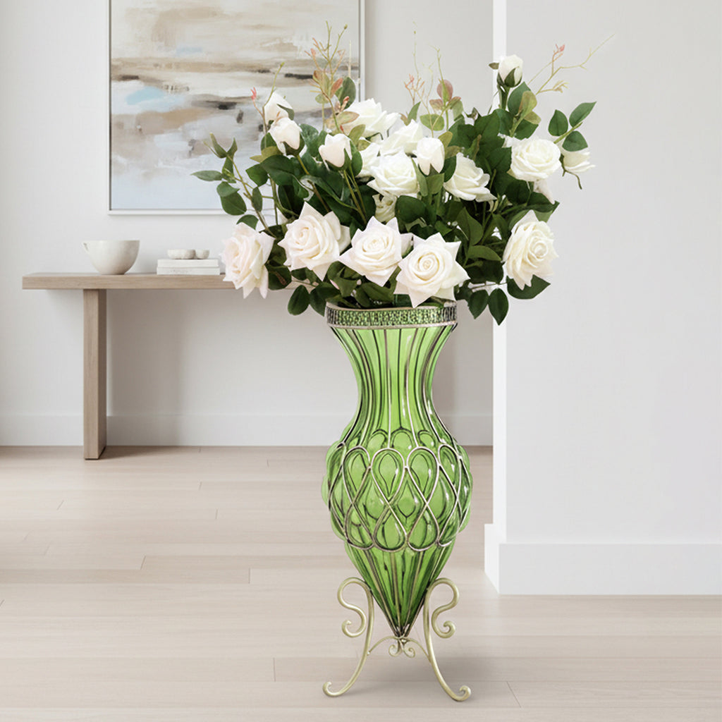 SOGA 67cm Green Glass Tall Floor Vase and 12pcs White Artificial Fake Flower Set