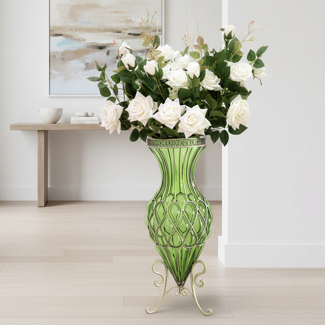 SOGA 67cm Green Glass Tall Floor Vase and 12pcs White Artificial Fake Flower Set
