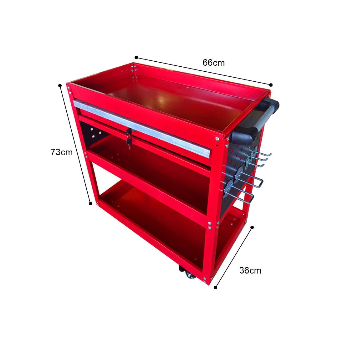 SOGA 2X 3 Tier Tool Storage Cart Portable Service Utility Heavy Duty Mobile Trolley with Drawer and Hooks Red