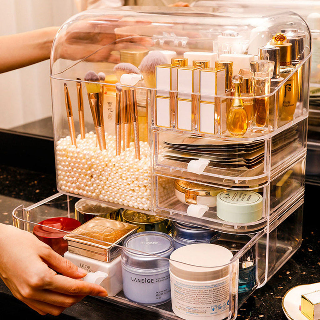 SOGA Transparent Cosmetic Storage with Pearls Skincare Holder and 20cm White Rechargeable LED Light Makeup Tabletop Mirror Set