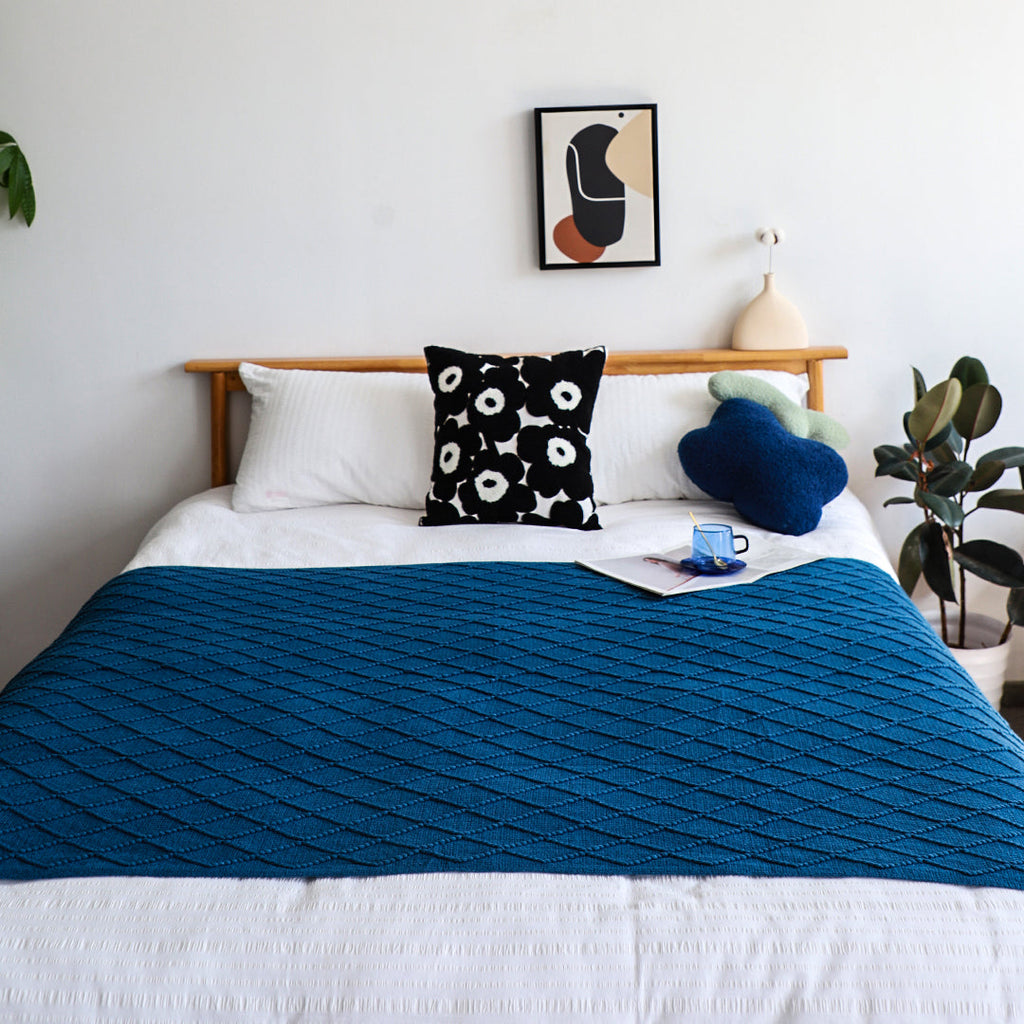 SOGA Royal 2X Blue Diamond Pattern Knitted Throw Blanket Warm Cozy Woven Cover Couch Bed Sofa Home Decor with Tassels