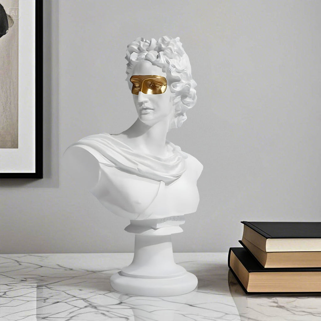 SOGA 40cm White Classical Bust Resin Sculpture with Gold Eye Mask