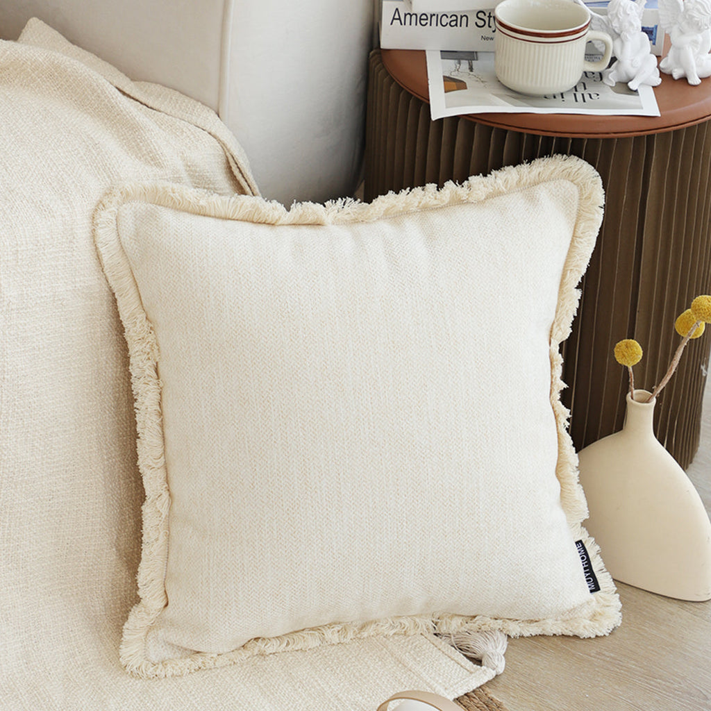 SOGA 2X 45cm Throw Pillow White Chenille Textured with Tassels Stylish Square Cozy Home Decor