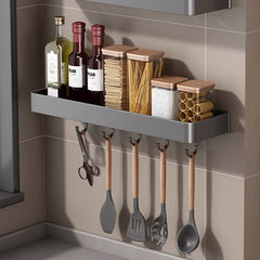 SOGA 50cm Black Wall-Mounted Rectangular Kitchen Spice Storage Organiser Space Saving Condiments Shelf Rack with Hooks