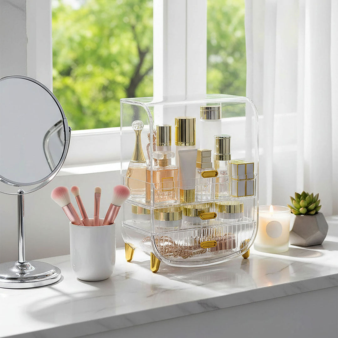 SOGA 2X 3 Tier Transparent Multifunctional Countertop Cosmetic Storage Makeup Perfume Skincare Display Stand Shelf Drawer Type Organiser
