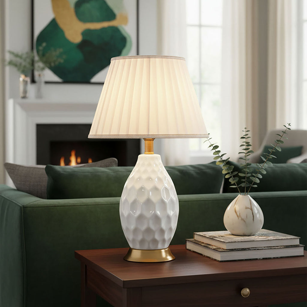 SOGA 2X Textured Ceramic Oval Table Lamp with Gold Metal Base White
