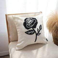 SOGA 45cm White Black Single Rose Embroidered Throw Pillow