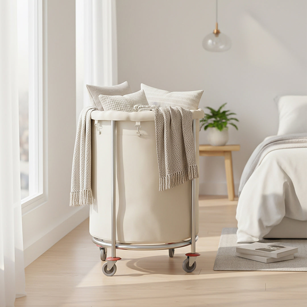 SOGA 2X Stainless Steel Commercial Round Soiled Linen Laundry Trolley Cart with Wheels White