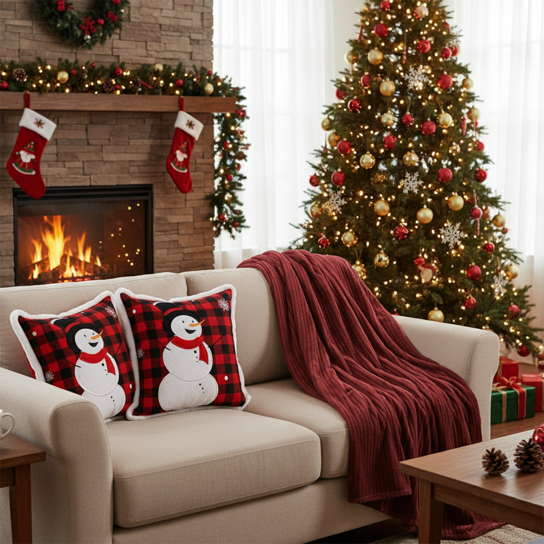 SOGA Christmas Bundle – 2 Red Snowman Holiday Pillow & Burgundy Striped Cozy Throw Blanket $ 136
