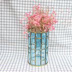 SOGA Blue Colored European Glass Cylinder Flower Vase with Gold Metal Pattern