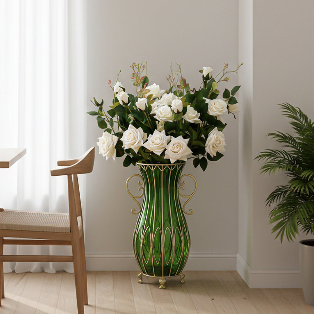 SOGA 51cm Green Glass Tall Floor Vase with 12pcs White Artificial Fake Flower Set