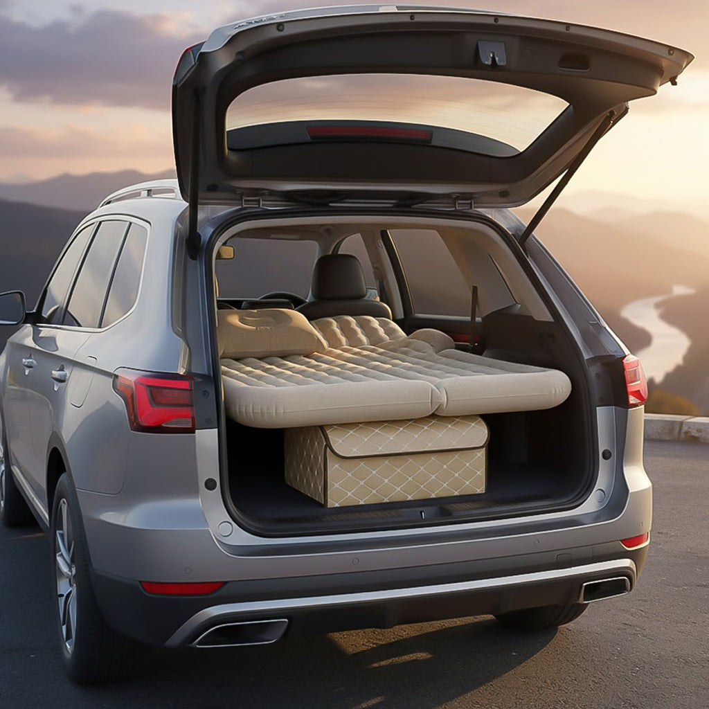 SOGA Car Bundle A – Beige Leather Collapsible Trunk Organizer & Inflatable Boot Mattress