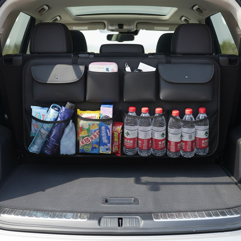 SOGA Car Bundle C – Black Leather Back Seat Storage Organizer & Inflatable Boot Mattress