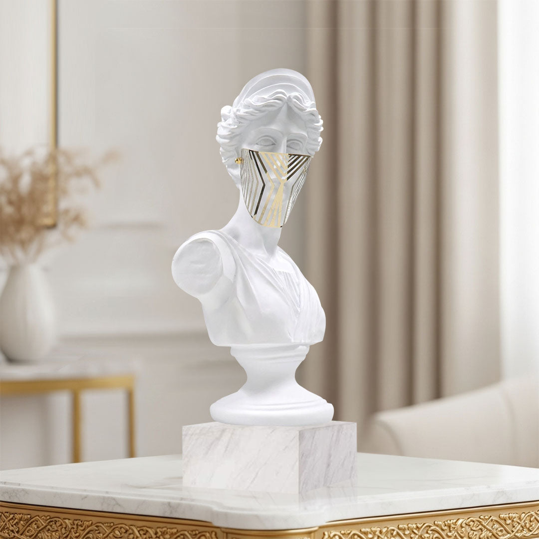 SOGA 45cm White Resin Bust – Gold Striped Mask Sculpture
