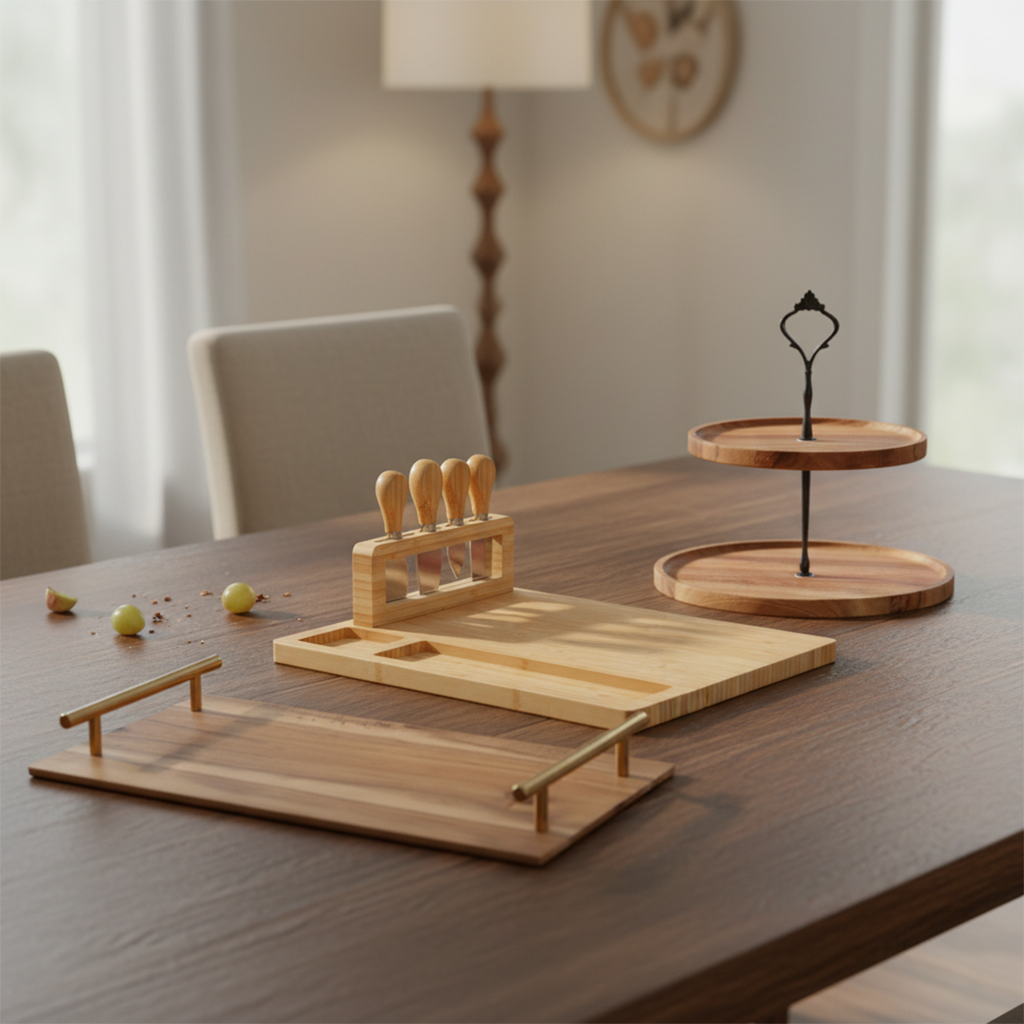 SOGA Kitchenware Bundle – Brown Acacia Cheese Board, 2-Tier Dessert Stand & Serving Tray