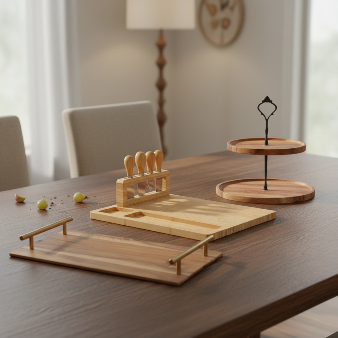 SOGA Kitchenware Bundle – Brown Acacia Cheese Board, 2-Tier Dessert Stand & Serving Tray